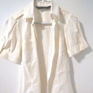 Zara Basic White Metallic Striped Short Sleeve Button Down Shirt - S